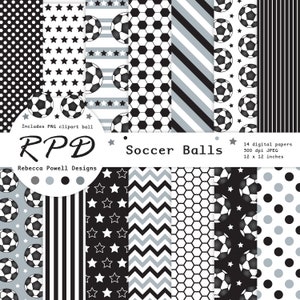 Pack de papier numérique de football football, sans couture, ballon clipart PNG, gris, noir et blanc, pages de scrapbooking, arrière-plan numérique, usage Commercial