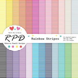 Horizontal Stripes Digital Paper Pack, Seamless Pattern, Rainbow Colours, White, Scrapbook Pages, Digital Backgrounds, Commercial Use