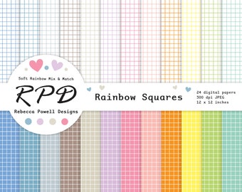 Grid Check Digital Paper Pack Set, Seamless Pattern, Crosshatch, Pastel Rainbow Colours, White, Scrapbook Pages, Backgrounds, Commercial Use