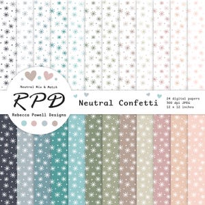May include: A set of 24 digital papers featuring a variety of neutral confetti patterns with white stars on different colored backgrounds. The papers are 12 inches by 12 inches and 300 dpi.