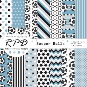 Pacote de papel digital de futebol, sem costura, bola de clipart PNG, azul, preto e branco, páginas de scrapbook, fundo digital, uso comercial