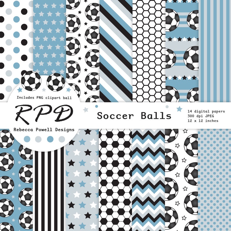 SALE Soccer Football Digital Paper, Seamless, PNG Clip Art Ball, Blue, Black & White, Scrapbook Pages, Digital Background, Commercial Use image 1