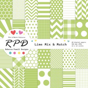 May include: A collection of 28 digital papers with lime green and white patterns. The patterns include stripes, polka dots, chevrons, stars, and geometric shapes. The text "Lime Mix & Match" and "12 x 12 inches" are visible.