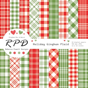 Papel digital con cuadros vichy navideños en rojo, verde y blanco, patrones sin costuras, álbumes de recortes, fondos, uso comercial
