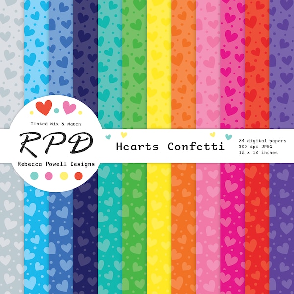 Love Hearts Konfetti Digitales Papierpaket, nahtloses Muster, getönte Regenbogenfarben, Scrapbook-Seiten, digitale Hintergründe, kommerzielle Nutzung