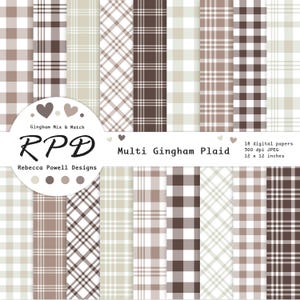 Brown & White Gingham Plaid Digital Paper, Seamless Patterns, Scrapbooking, Backgrounds, Commercial Use