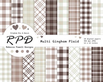 Brown & White Gingham Plaid Digital Papers, Seamless Patterns, Scrapbooking, Backgrounds, Commercial Use