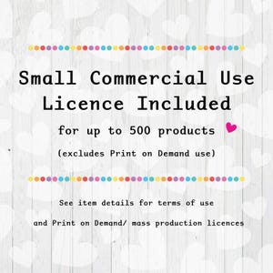 Commercial use is included for up to 500 products, excludes Print on Demand use. See item information for Print on Demand & mass production licences.