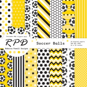 Paquete de papel digital de fútbol, patrón sin costuras, bola de clip art PNG, amarillo, negro, páginas de álbum de recortes, fondo digital, uso comercial