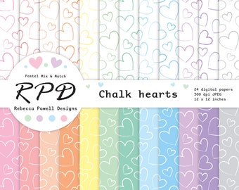Love Hearts Hand Drawn Digital Paper Pack, Seamless Pattern, Pastel Colours, White, Scrapbook Pages, Digital Backgrounds, Commercial Use