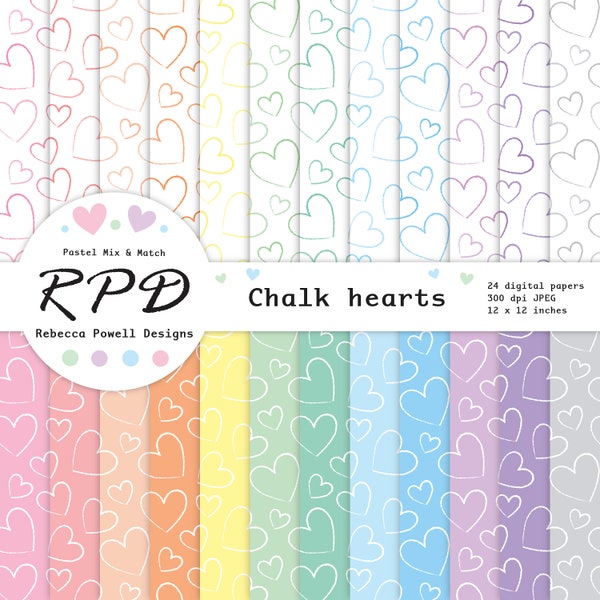 Love Hearts Hand Drawn Digital Paper Pack, Seamless Pattern, Pastel Colours, White, Scrapbook Pages, Digital Backgrounds, Commercial Use