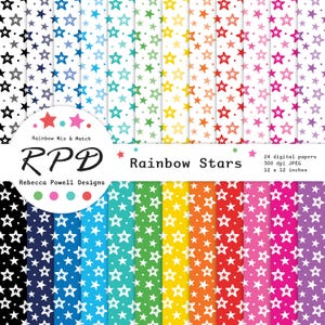 May include: A collection of 24 digital papers with star patterns in various colors, including black, blue, green, yellow, orange, red, pink, and purple. Each paper is 12 x 12 inches and 300 dpi JPEG. The design is labeled "Rainbow Stars."