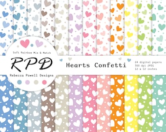 Love Hearts Confetti Digital Paper Pack, Seamless Pattern, Pastel Rainbow Colours, White, Scrapbook Pages, Backgrounds, Commercial Use