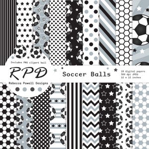 Black & White Soccer Digital Paper Pack: Seamless Football Patterns, PNG Clipart Ball
