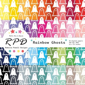 May include: A collection of 36 digital papers featuring a repeating pattern of white ghost outlines on various solid rainbow-colored backgrounds. The image includes text stating Multi Mix & Match, RPD, Rebecca Powell Designs, Rainbow Ghosts, 36 digital papers, 300 dpi JPEG, and 12 x 12 inches.