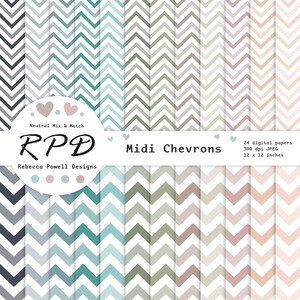 Op de afbeelding: Een set van 24 digitale papieren met chevron-patronen in verschillende tinten blauw, groen en roze. De papieren zijn 30,5 cm bij 30,5 cm en hebben een resolutie van 300 dpi. De tekst "Midi Chevrons" staat op de afbeelding.