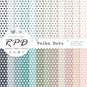 Puede incluir: Un conjunto de 24 papeles digitales con patrones de lunares en varios tonos de azul, verde y rosa. Los papeles son de 30,5 x 30,5 cm y 300 dpi. El texto "Neutral Mix & Match" y "RPÐ Rebecca Powell Designs" está incluido en la imagen.