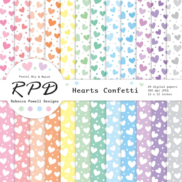 Love Hearts Konfetti Digitales Papierpaket, nahtloses Muster, Pastellfarben, Weiß, Scrapbook-Seiten, digitale Hintergründe, kommerzielle Nutzung