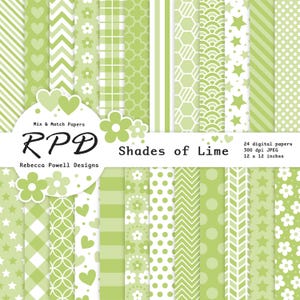 May include: A collection of 24 digital papers in shades of lime green, featuring various patterns such as stripes, polka dots, floral, and geometric designs. The papers are 12 x 12 inches and 300 dpi JPEG. The design is by Rebecca Powell Designs.