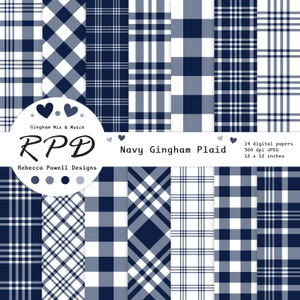 Navy Blue Gingham Plaid Digital Paper Pack, Seamless, White, Lumberjack Checks, Tartan, Scrapbook Pages, Digital Backgrounds, Commercial Use