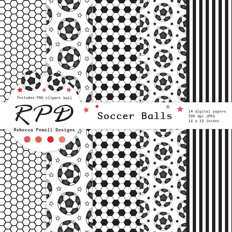 SALE Soccer Football Digital Paper, Seamless, PNG Clip Art Ball, Red, Black & White, Scrapbook Pages, Digital Background, Commercial Use image 3