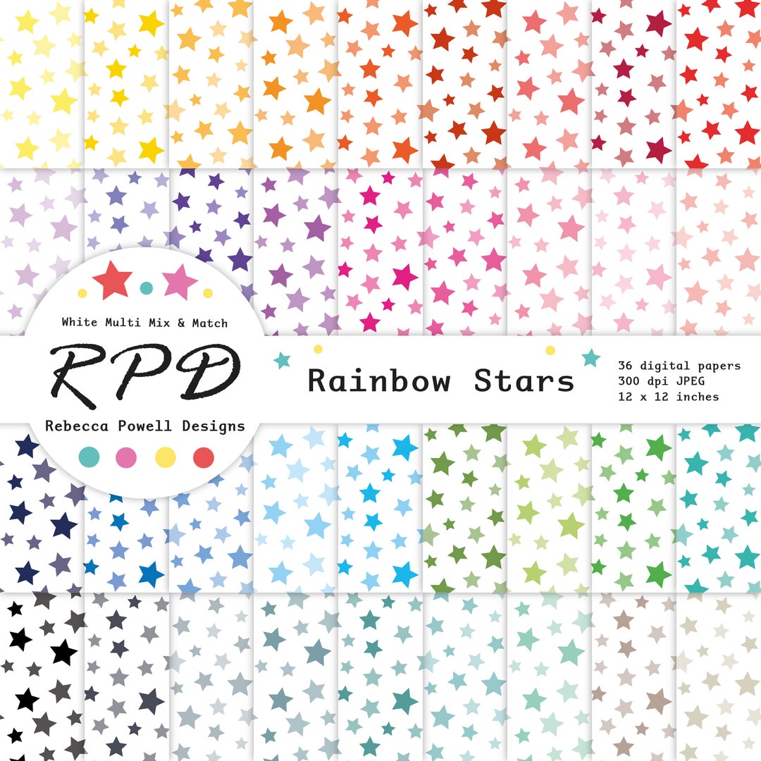 Stars Confetti Pattern Seamless Digital Paper, Rainbow Colours, White ...