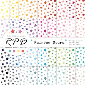 Sterren confettipatroon naadloos digitaal papier, regenboogkleuren, witte achtergrond, plakboekpagina's, commercieel gebruik