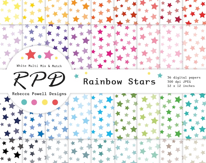 White Star Rainbow Confetti Digital Paper Bundle, Seamless Pattern ...