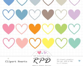 SALE Love Hearts Digital Clip Art Set, Solid Pastel Rainbow Colours, Png, Jpeg, Scrapbooking & Planner Images, Commercial Use