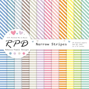 Stripes Horizontal Diagonal Digital Paper Pack, Seamless Pattern, Pastel Rainbow Colours, White, Scrapbook Pages, Background, Commercial Use