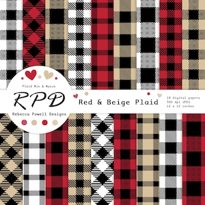 Paquet de papier numérique à carreaux Buffalo rouge et beige : arrière-plans à carreaux transparents