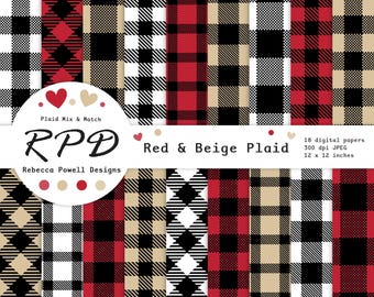 Rot-Beige Buffalo Plaid Digital Paper Pack: Nahtlose Karo-Muster-Hintergründe