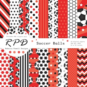 Paquete de papel digital de fútbol rojo, patrones deportivos de fútbol sin costuras imprimibles, imágenes prediseñadas de balón de fútbol PNG