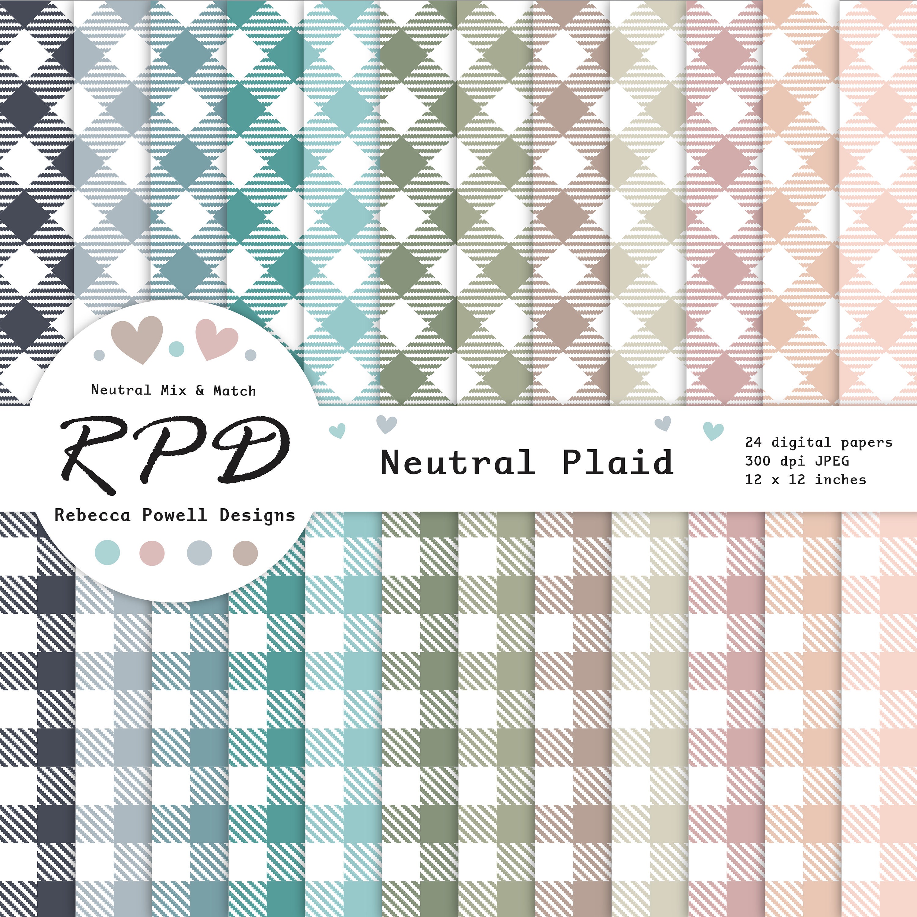 Buffalo Plaid Digital Paper Pack, Seamless Pattern, Neutral Colours & White, Scrapbook Pages, Backgrounds, Commercial Use