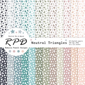 May include: A set of 24 digital papers with a neutral colour scheme. Each paper displays a repeating pattern of small triangles in shades of blue, green, grey, and pink. The papers are 30.48 cm x 30.48 cm and 300 dpi JPEG.