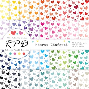 Paquet de papier numérique sans couture avec motif confettis coeurs, couleurs arc-en-ciel et blanc, arrière-plans, pages de scrapbooking, usage commercial