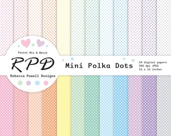 Mini Polka Dots Digital Paper Pack Set, Patrón sin costuras, Colores pastel, Blanco, Manchas, Páginas de álbumes de recortes, Fondos digitales, Uso comercial