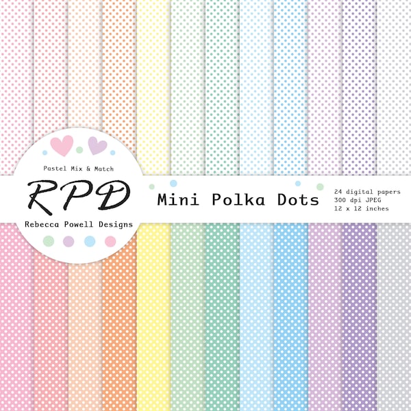 Mini Polka Dots Digital Paper Pack, Seamless Pattern, Pastel Colours, White, Spots, Scrapbook Pages, Digital Backgrounds, Commercial Use