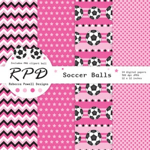 SALE Soccer Football Digital Paper, Seamless, PNG Clip Art Ball, Pink, Black & White, Scrapbook Pages, Digital Background, Commercial Use image 4