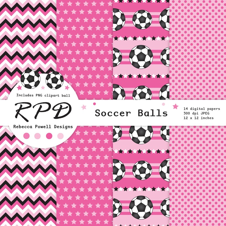 SALE Soccer Football Digital Paper, Seamless, PNG Clip Art Ball, Pink, Black & White, Scrapbook Pages, Digital Background, Commercial Use image 4