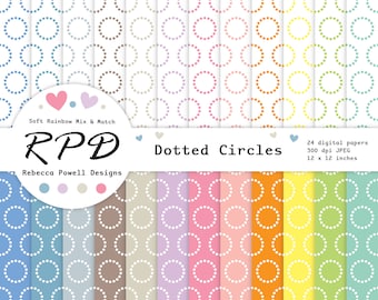 Geometric Dotted Circles Digital Paper Pack, Seamless Pattern, Pastel Rainbow Colours, White, Scrapbook Pages, Backgrounds, Commercial Use