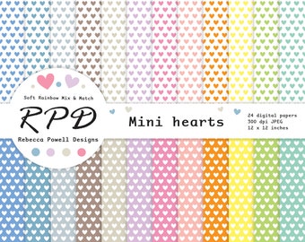 Mini Love Hearts Digital Paper Pack, Seamless Pattern, Pastel Rainbow Colours, White, Scrapbook Pages, Backgrounds, Commercial Use