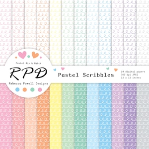 May include: A set of 24 digital papers with a pastel scribble design. Each paper has a repeating pattern of a white, wavy line on a coloured background. The papers are 30.48 x 30.48 cm and 300 dpi JPEG.