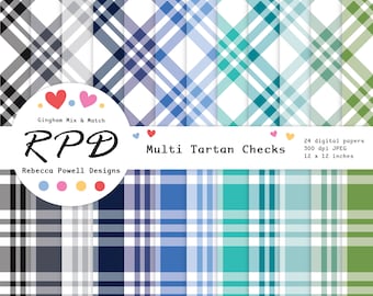 Tartan Plaid Digital Paper Pack, Seamless, Multi Colours, White, Crosshatch Check, Scrapbook Pages, Digital Background, Commercial Use