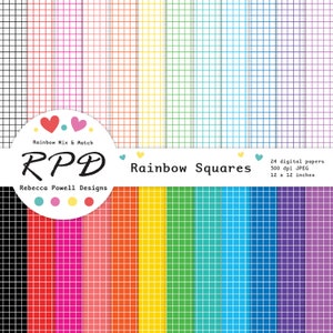 SALE Grid Check Digital Paper Set, Seamless Pattern, Crosshatch Squares, Rainbow Colours, White, Scrapbook Pages, Background, Commercial Use