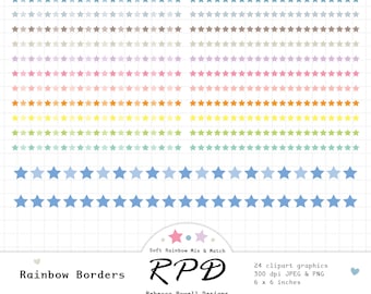 Conjunto de Clipart Digital com Bordas de Fitas e Estrelas, Cores Pastel do Arco-Íris, Ideal para Scrapbooking e Planejamento, Uso Comercial