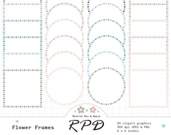 Floral Flower Frames Labels Digital Clip Art Set, Neutral Colours, Square Text Box, Round Circles, Png, Jpeg, Scrapbooking, Commercial Use