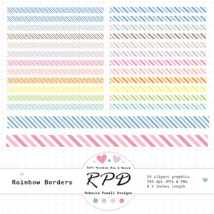 Striped Ribbon Borders Digital Clip Art Set, Pastel Rainbow Colours, Scrapbooking, Planners, Commercial Use