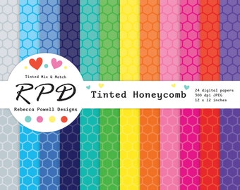 Honeycomb Digital Paper Pack, Seamless Pattern, Tinted Rainbow Colours, Hexagons. Scrapbook Pages, Digital Backgrounds, Commercial Use