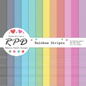 Peut inclure: Papiers numériques à rayures diagonales arc-en-ciel. Le design comprend des rayures noires, bleues, vertes, jaunes, oranges, rouges, roses et violettes. Le texte "Rainbow Stripes" et "24 papiers numériques 30.5 x 30.5 cm" sont également visibles.